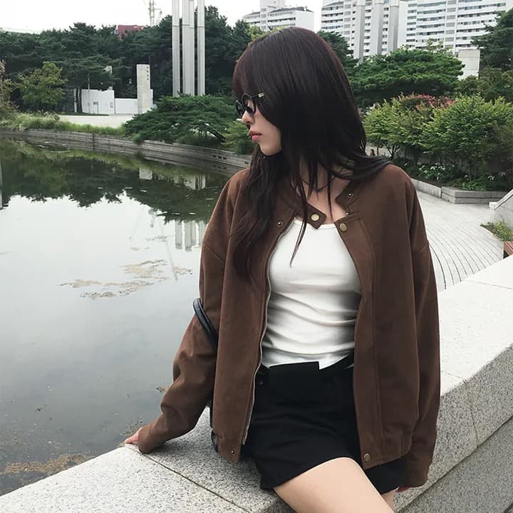 있음 선적 chic 가을 겨울 레트로 스탠드 칼라 지퍼 오토바이 재킷 여성 코트 이미지 3