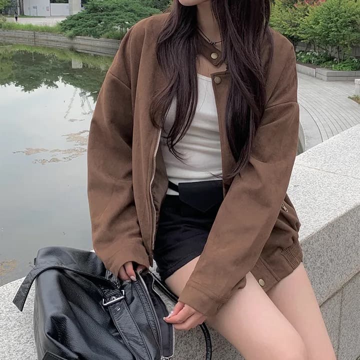 있음 선적 chic 가을 겨울 레트로 스탠드 칼라 지퍼 오토바이 재킷 여성 코트 이미지 4