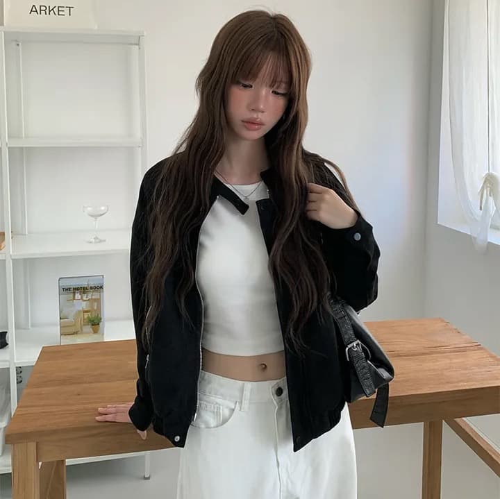 있음 선적 chic 가을 겨울 레트로 스탠드 칼라 지퍼 오토바이 재킷 여성 코트 이미지 2