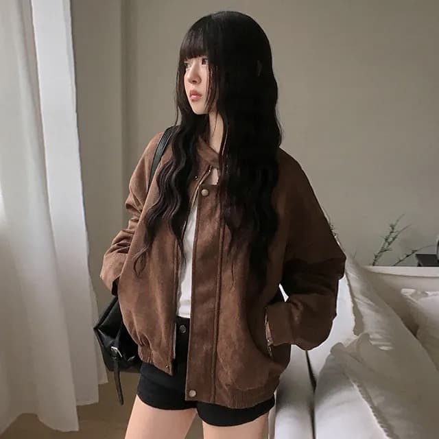 있음 선적 chic 가을 겨울 레트로 스탠드 칼라 지퍼 오토바이 재킷 여성 코트 상세 이미지 1