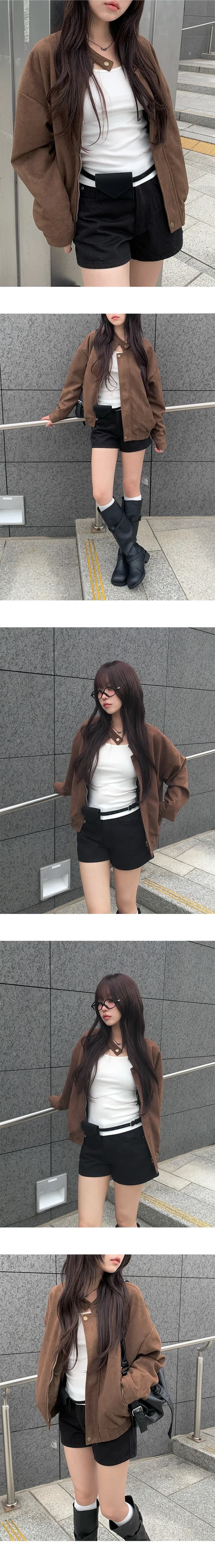 있음 선적 chic 가을 겨울 레트로 스탠드 칼라 지퍼 오토바이 재킷 여성 코트 상세 이미지 4
