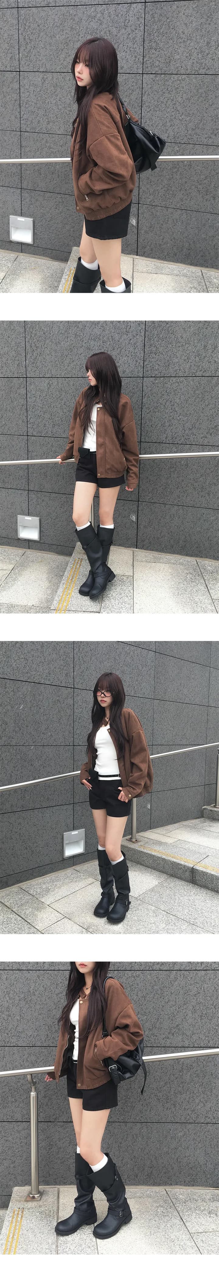 있음 선적 chic 가을 겨울 레트로 스탠드 칼라 지퍼 오토바이 재킷 여성 코트 상세 이미지 6