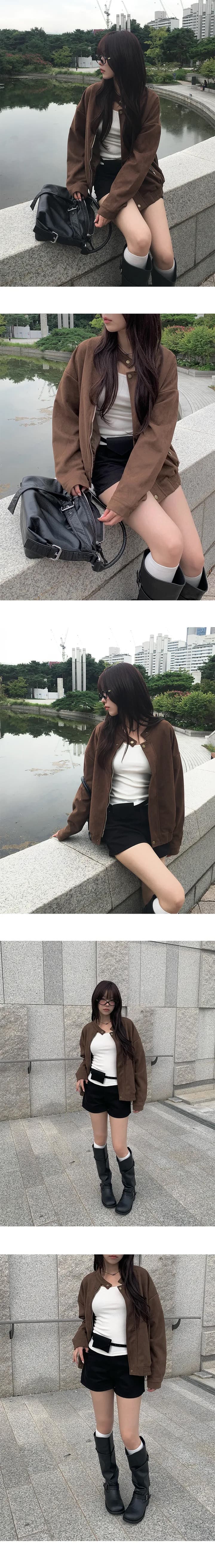 있음 선적 chic 가을 겨울 레트로 스탠드 칼라 지퍼 오토바이 재킷 여성 코트 상세 이미지 9