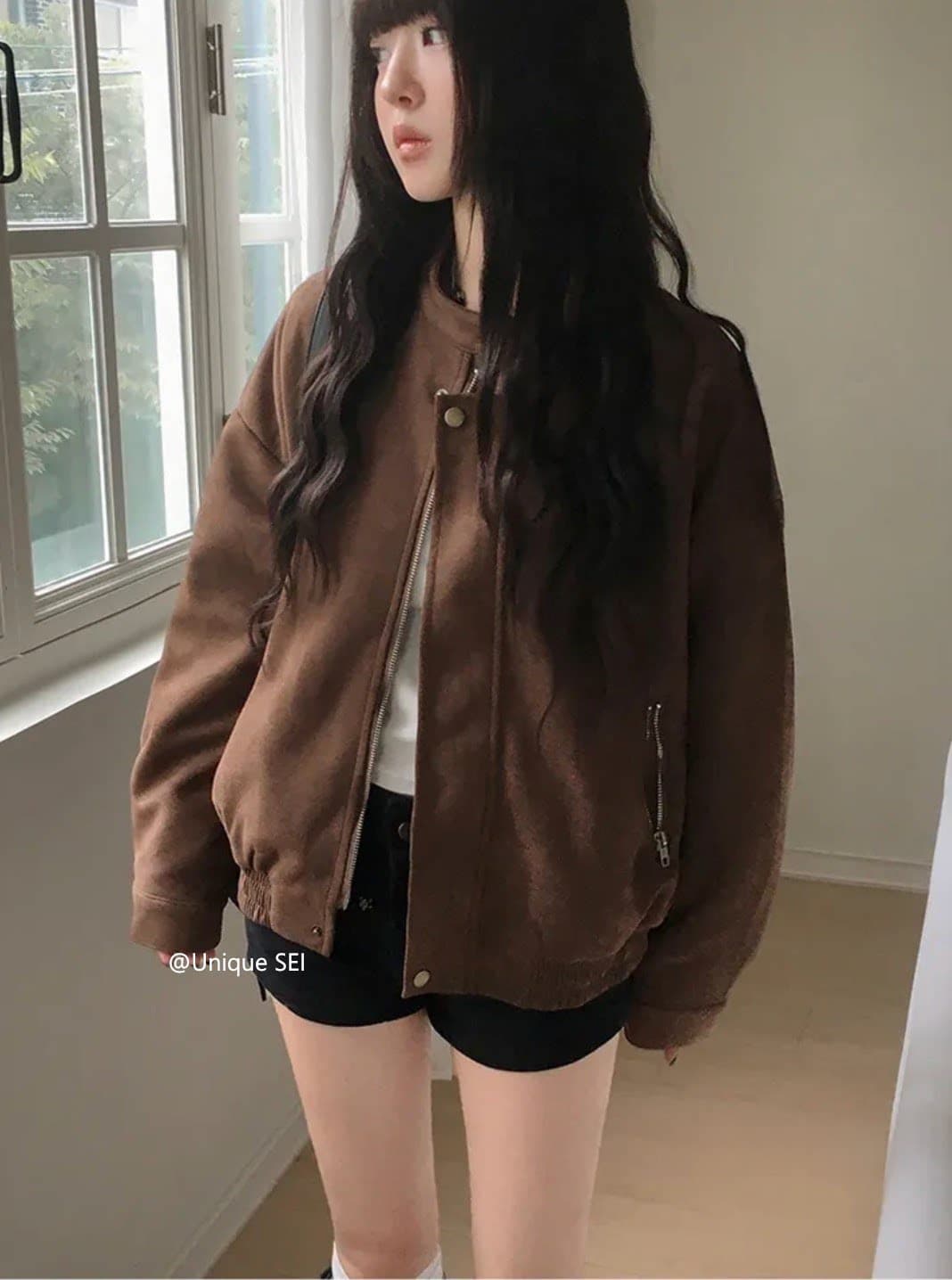 있음 선적 chic 가을 겨울 레트로 스탠드 칼라 지퍼 오토바이 재킷 여성 코트 상세 이미지 1