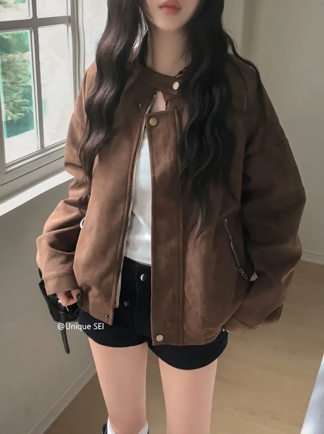 있음 선적 chic 가을 겨울 레트로 스탠드 칼라 지퍼 오토바이 재킷 여성 코트 상세 이미지 2