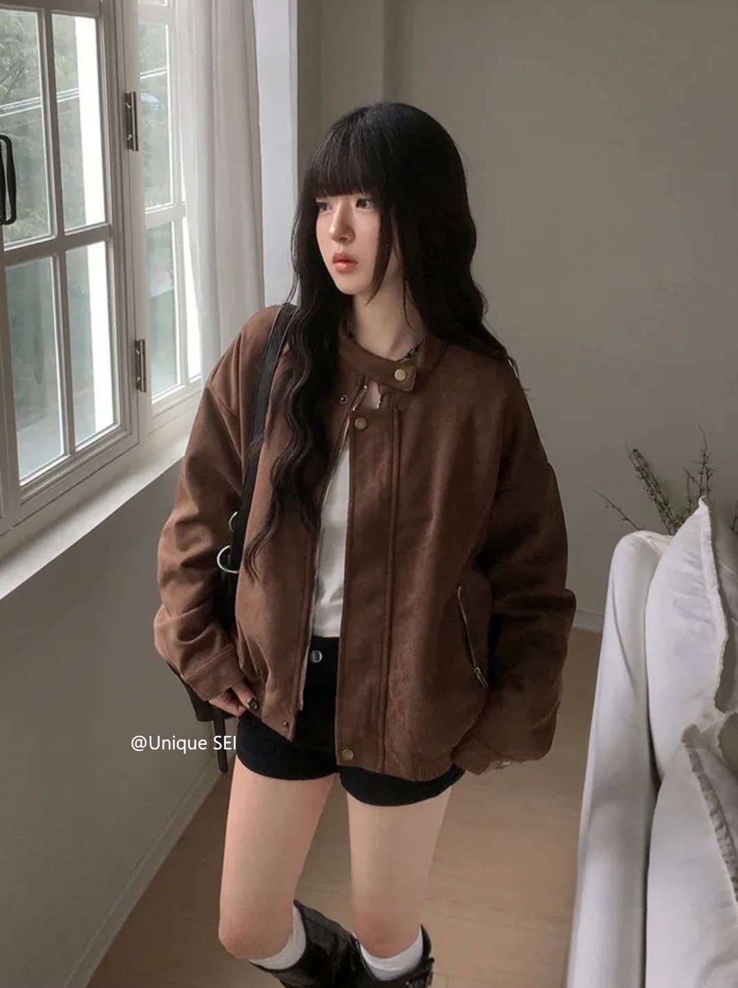 있음 선적 chic 가을 겨울 레트로 스탠드 칼라 지퍼 오토바이 재킷 여성 코트 상세 이미지 3