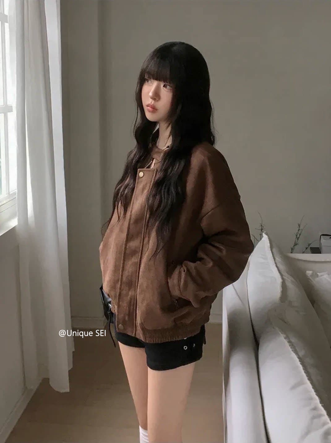 있음 선적 chic 가을 겨울 레트로 스탠드 칼라 지퍼 오토바이 재킷 여성 코트 상세 이미지 5