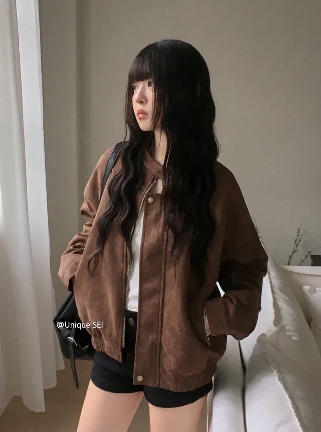 있음 선적 chic 가을 겨울 레트로 스탠드 칼라 지퍼 오토바이 재킷 여성 코트 상세 이미지 9