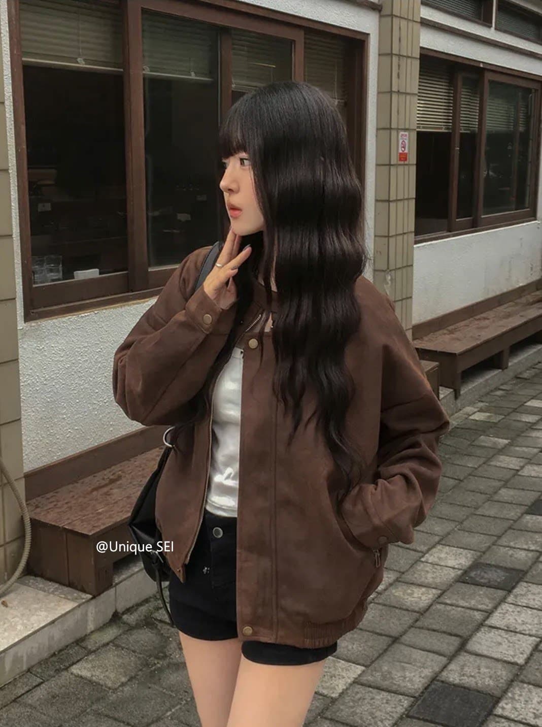 있음 선적 chic 가을 겨울 레트로 스탠드 칼라 지퍼 오토바이 재킷 여성 코트 상세 이미지 13