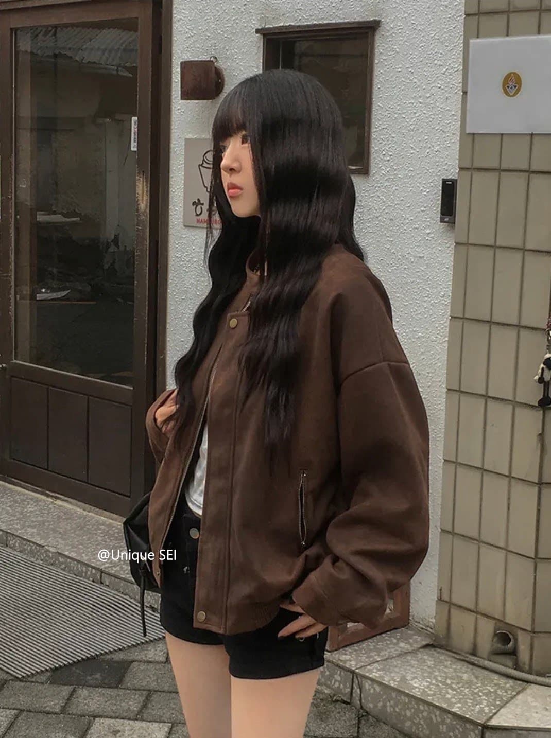 있음 선적 chic 가을 겨울 레트로 스탠드 칼라 지퍼 오토바이 재킷 여성 코트 상세 이미지 16