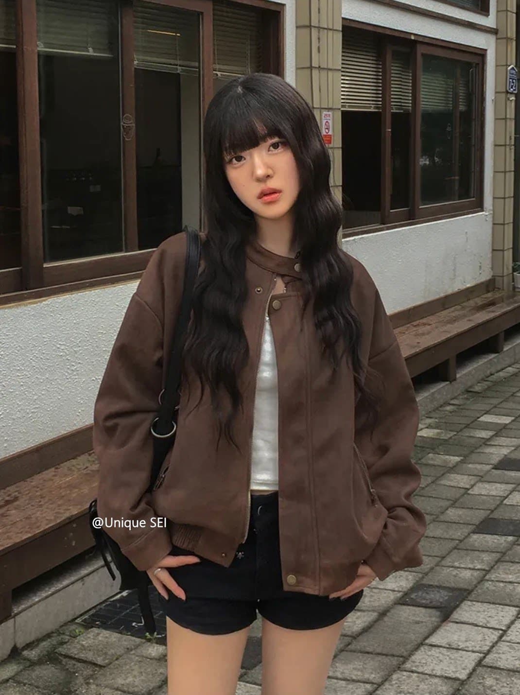 있음 선적 chic 가을 겨울 레트로 스탠드 칼라 지퍼 오토바이 재킷 여성 코트 상세 이미지 17