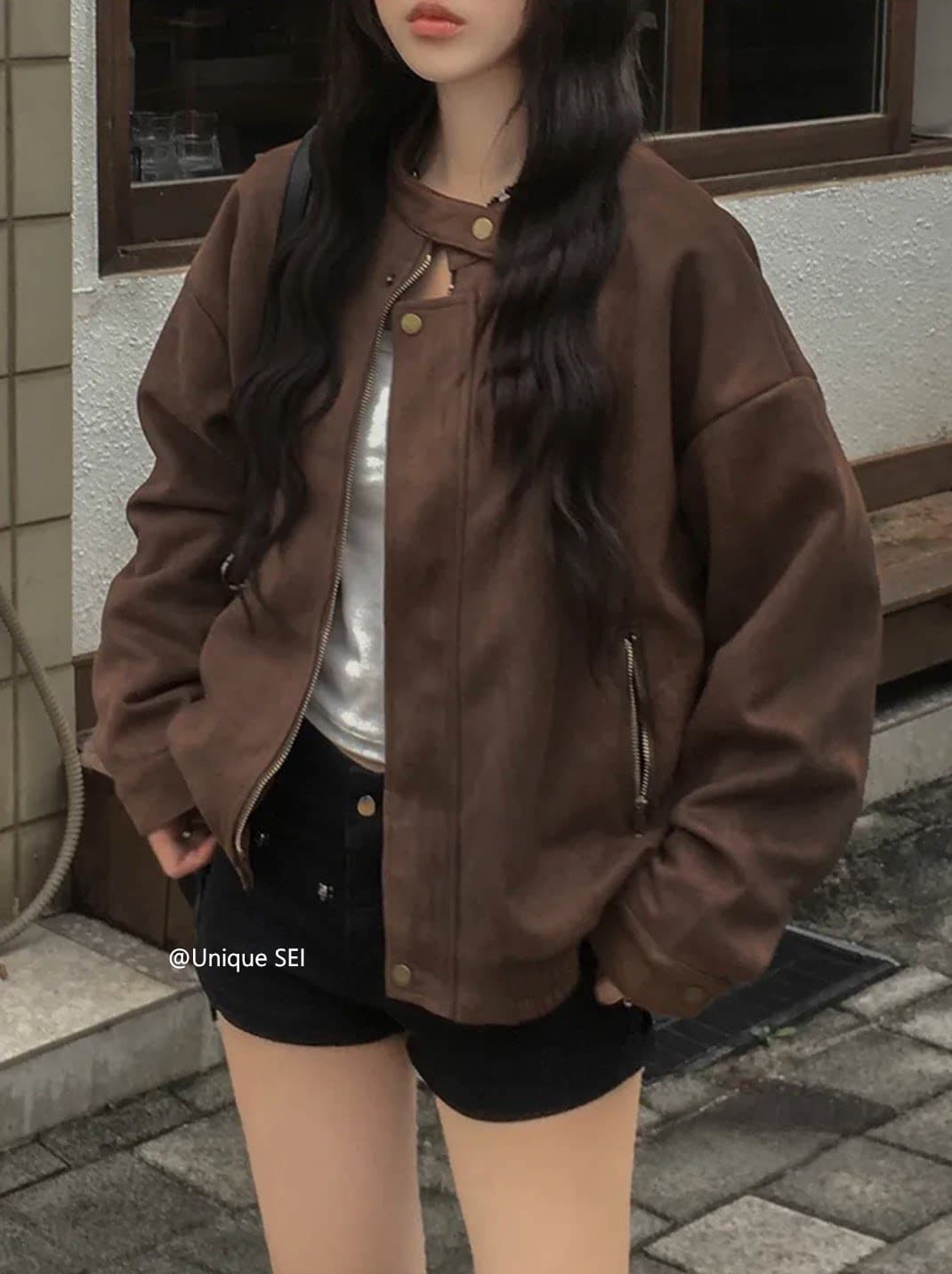 있음 선적 chic 가을 겨울 레트로 스탠드 칼라 지퍼 오토바이 재킷 여성 코트 상세 이미지 18