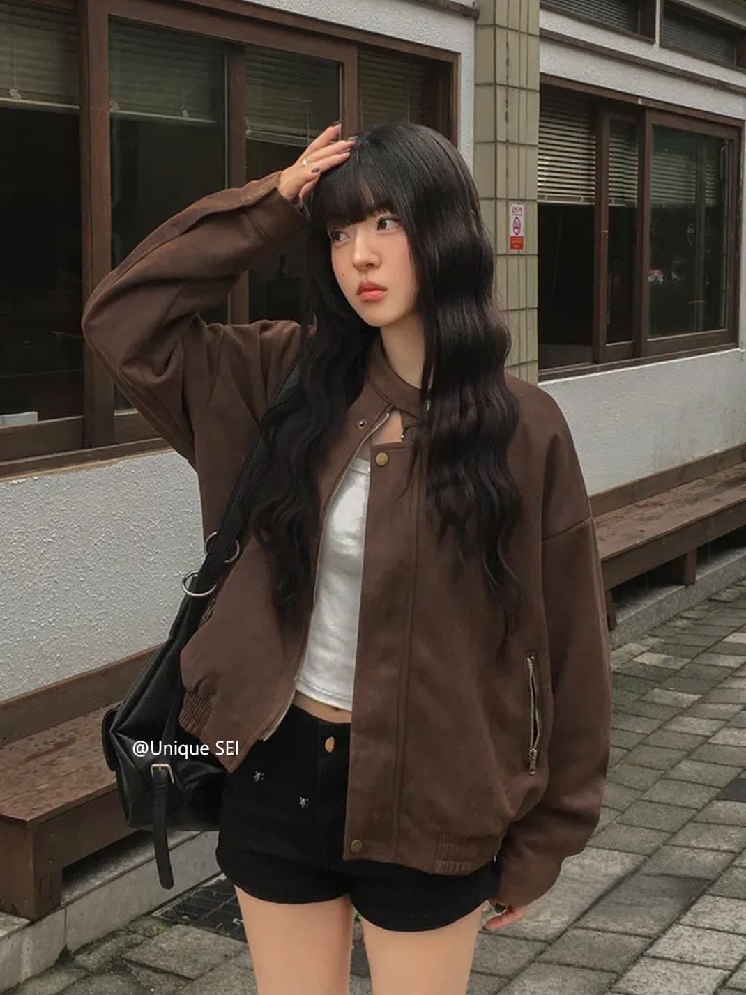 있음 선적 chic 가을 겨울 레트로 스탠드 칼라 지퍼 오토바이 재킷 여성 코트 상세 이미지 19