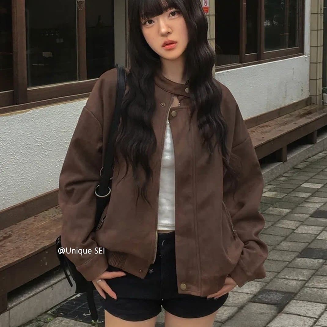 있음 선적 chic 가을 겨울 레트로 스탠드 칼라 지퍼 오토바이 재킷 여성 코트 상세 이미지 21