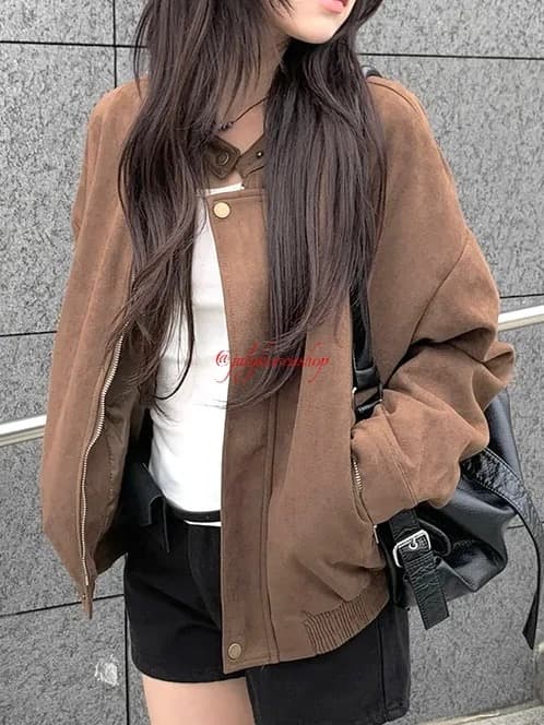 있음 선적 chic 가을 겨울 레트로 스탠드 칼라 지퍼 오토바이 재킷 여성 코트