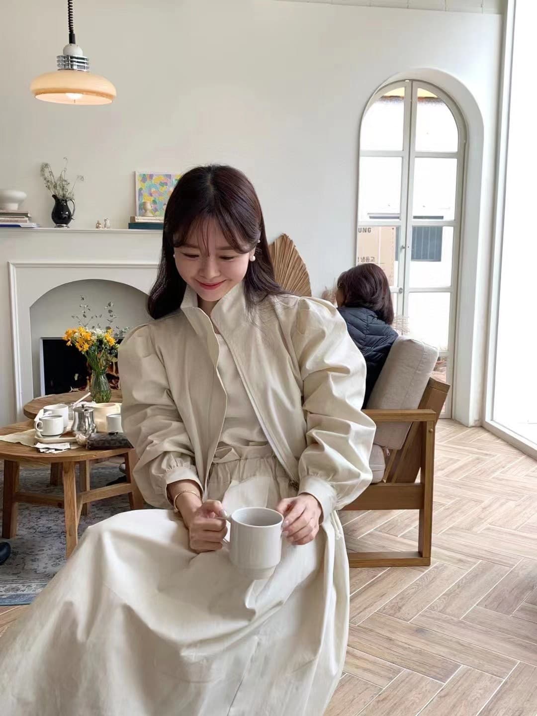 재고 있음 한국 chic 품격 루즈핏 펌프 로프 긴팔 재킷 프릴 한 마디 반신 치마 세트 상세 이미지 5