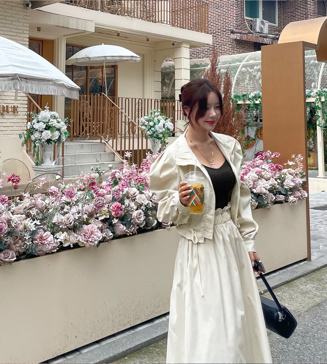 재고 있음 한국 chic 품격 루즈핏 펌프 로프 긴팔 재킷 프릴 한 마디 반신 치마 세트 상세 이미지 7