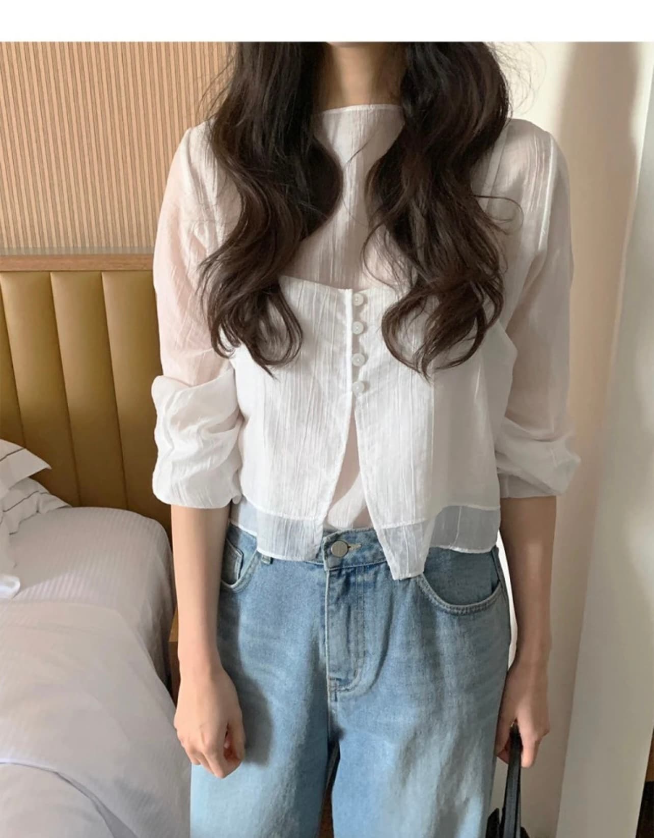 재고 있음 chic 품격 반하이넥 단색 다용도 일상 출퇴근 긴팔 셔츠 투피스 세트 이미지 3