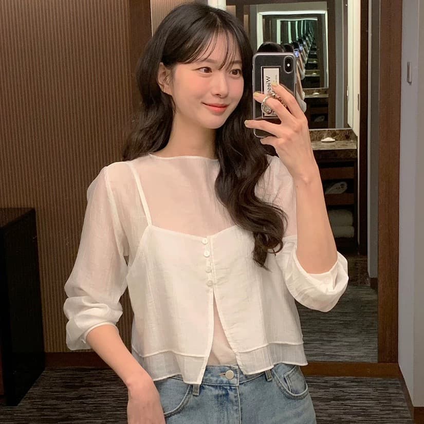 재고 있음 chic 품격 반하이넥 단색 다용도 일상 출퇴근 긴팔 셔츠 투피스 세트 상세 이미지 1