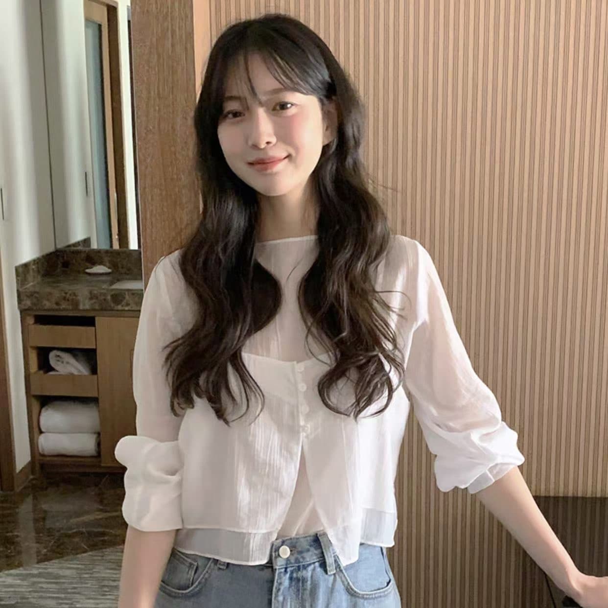 재고 있음 chic 품격 반하이넥 단색 다용도 일상 출퇴근 긴팔 셔츠 투피스 세트 상세 이미지 3