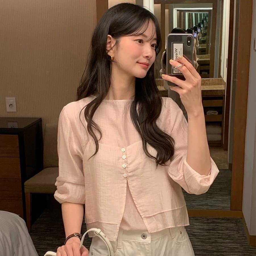 재고 있음 chic 품격 반하이넥 단색 다용도 일상 출퇴근 긴팔 셔츠 투피스 세트 상세 이미지 5