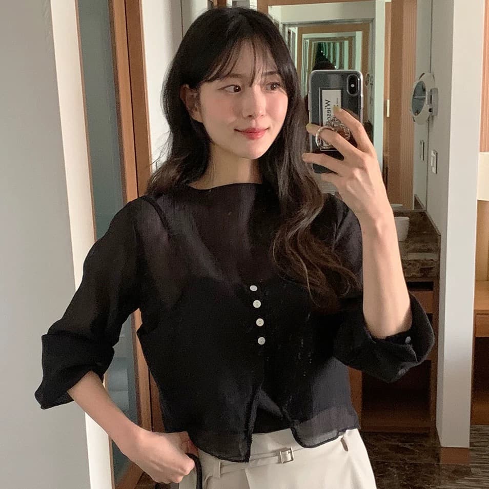 재고 있음 chic 품격 반하이넥 단색 다용도 일상 출퇴근 긴팔 셔츠 투피스 세트 상세 이미지 6
