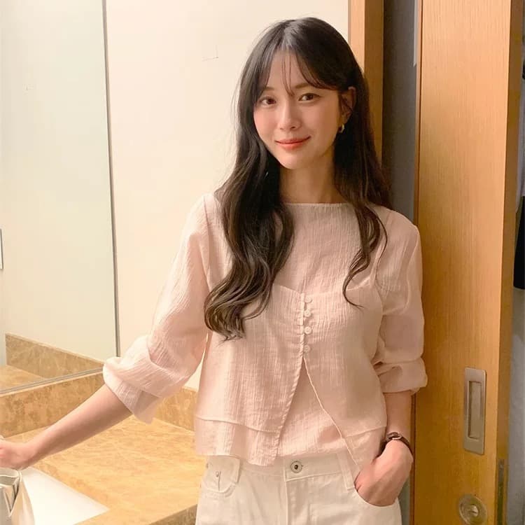 재고 있음 chic 품격 반하이넥 단색 다용도 일상 출퇴근 긴팔 셔츠 투피스 세트 상세 이미지 7