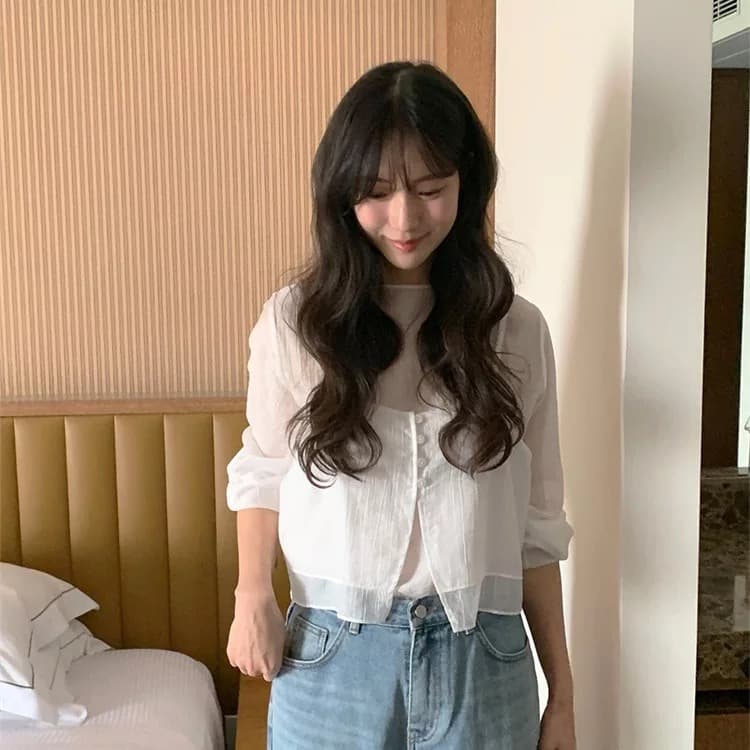 재고 있음 chic 품격 반하이넥 단색 다용도 일상 출퇴근 긴팔 셔츠 투피스 세트 상세 이미지 8