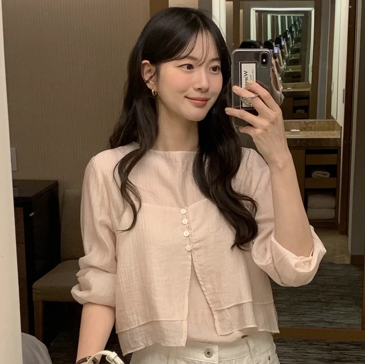 재고 있음 chic 품격 반하이넥 단색 다용도 일상 출퇴근 긴팔 셔츠 투피스 세트 상세 이미지 10