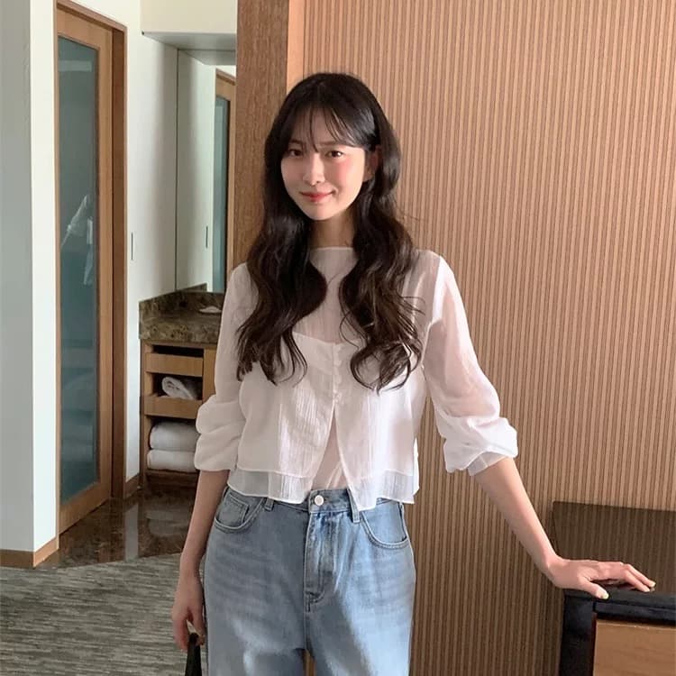 재고 있음 chic 품격 반하이넥 단색 다용도 일상 출퇴근 긴팔 셔츠 투피스 세트 상세 이미지 12