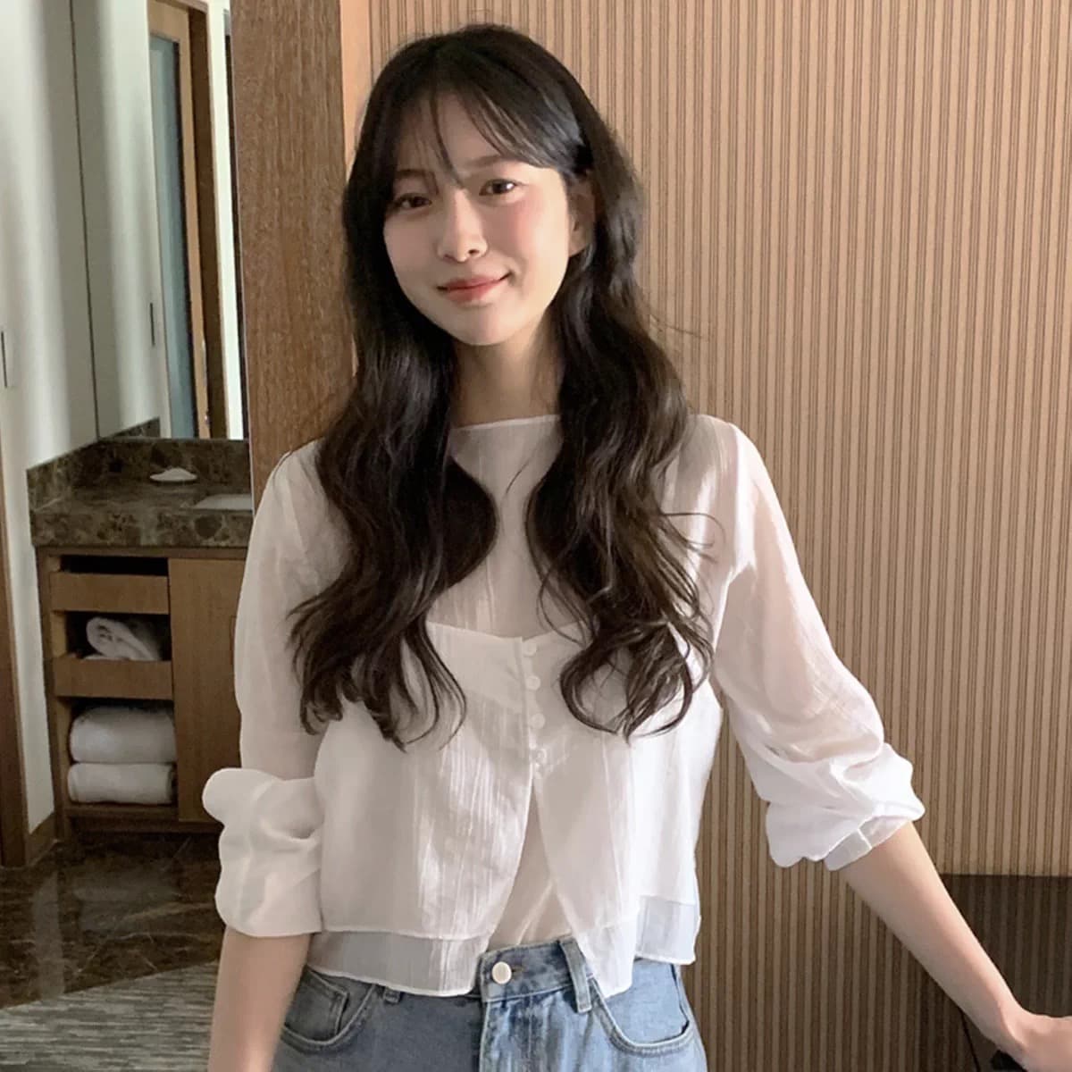 재고 있음 chic 품격 반하이넥 단색 다용도 일상 출퇴근 긴팔 셔츠 투피스 세트 상세 이미지 13
