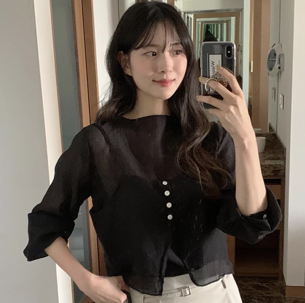 재고 있음 chic 품격 반하이넥 단색 다용도 일상 출퇴근 긴팔 셔츠 투피스 세트 상세 이미지 14