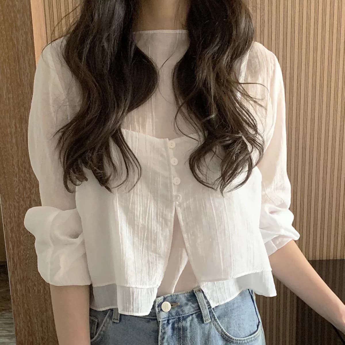 재고 있음 chic 품격 반하이넥 단색 다용도 일상 출퇴근 긴팔 셔츠 투피스 세트 상세 이미지 15