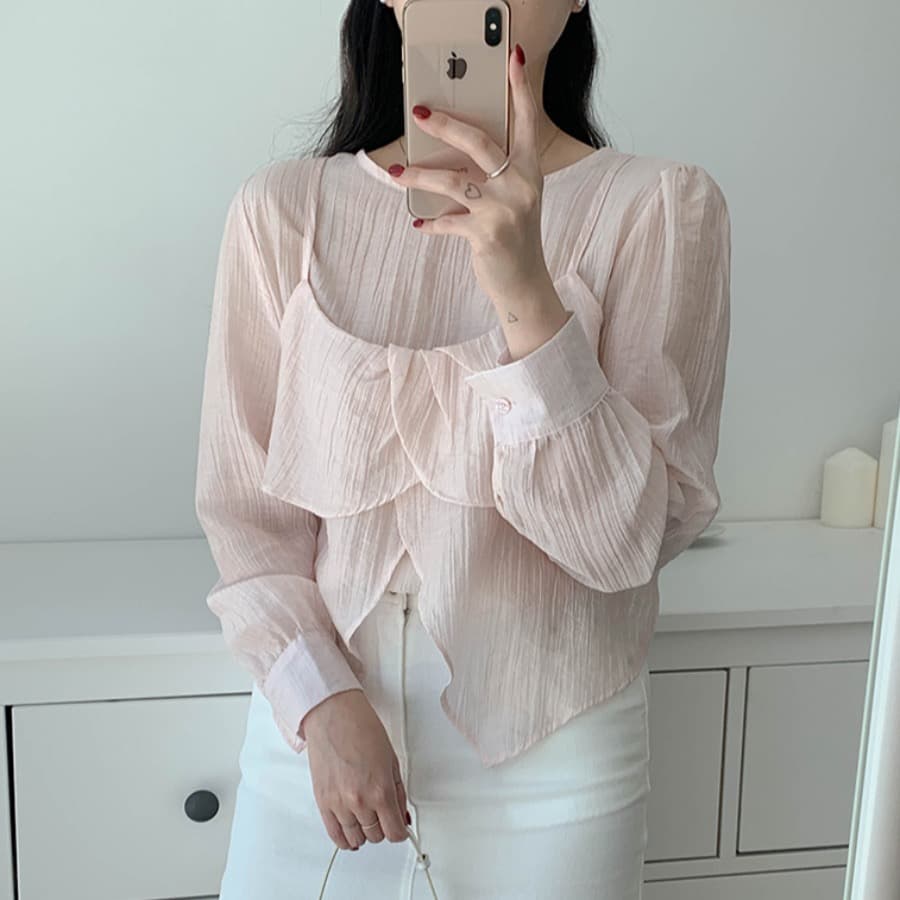 재고 있음 chic 가을 한 동대문 라운드 넥 긴팔 쉬폰 코디 꽃잎 측면 캐미솔 두 조각 여성 세트 이미지 2