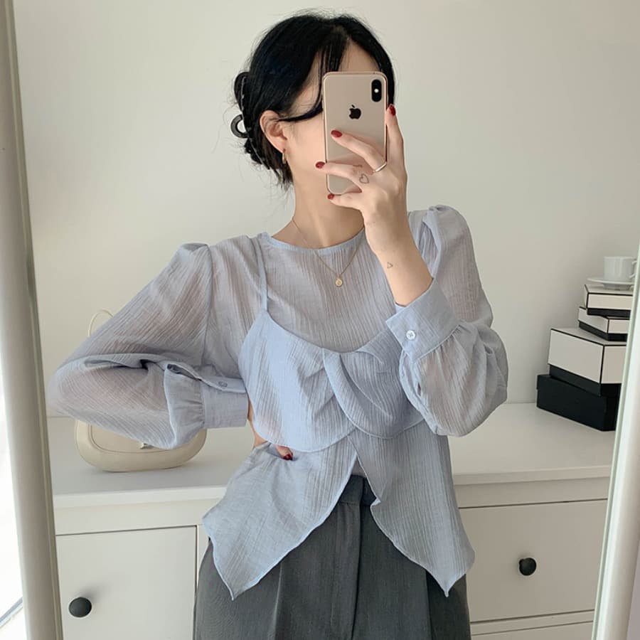 재고 있음 chic 가을 한 동대문 라운드 넥 긴팔 쉬폰 코디 꽃잎 측면 캐미솔 두 조각 여성 세트