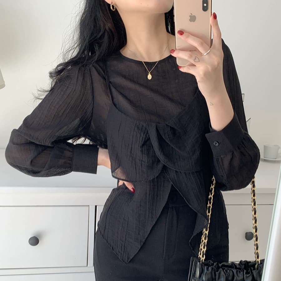재고 있음 chic 가을 한 동대문 라운드 넥 긴팔 쉬폰 코디 꽃잎 측면 캐미솔 두 조각 여성 세트 이미지 4