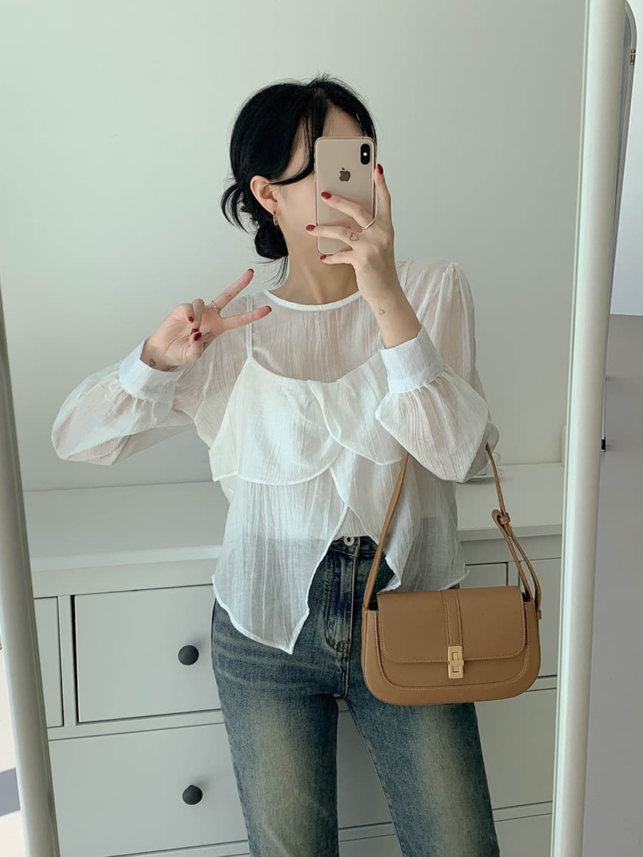 재고 있음 chic 가을 한 동대문 라운드 넥 긴팔 쉬폰 코디 꽃잎 측면 캐미솔 두 조각 여성 세트 상세 이미지 2