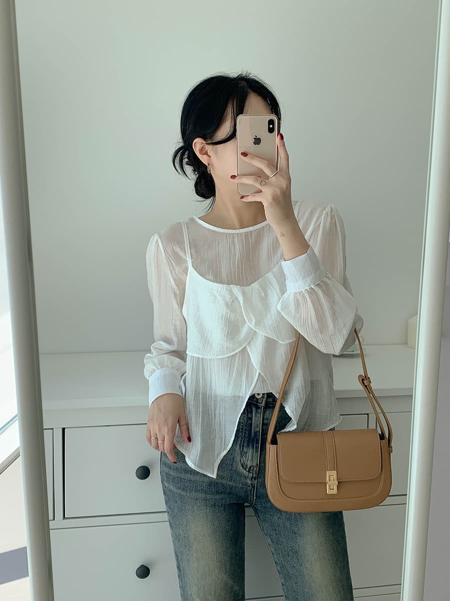 재고 있음 chic 가을 한 동대문 라운드 넥 긴팔 쉬폰 코디 꽃잎 측면 캐미솔 두 조각 여성 세트 상세 이미지 3