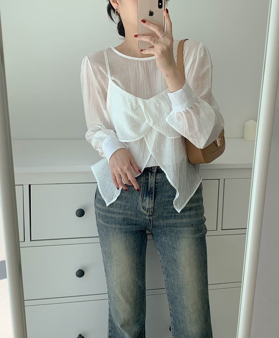 재고 있음 chic 가을 한 동대문 라운드 넥 긴팔 쉬폰 코디 꽃잎 측면 캐미솔 두 조각 여성 세트 상세 이미지 4