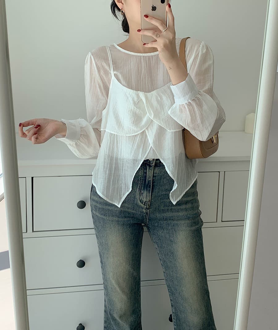 재고 있음 chic 가을 한 동대문 라운드 넥 긴팔 쉬폰 코디 꽃잎 측면 캐미솔 두 조각 여성 세트 상세 이미지 5