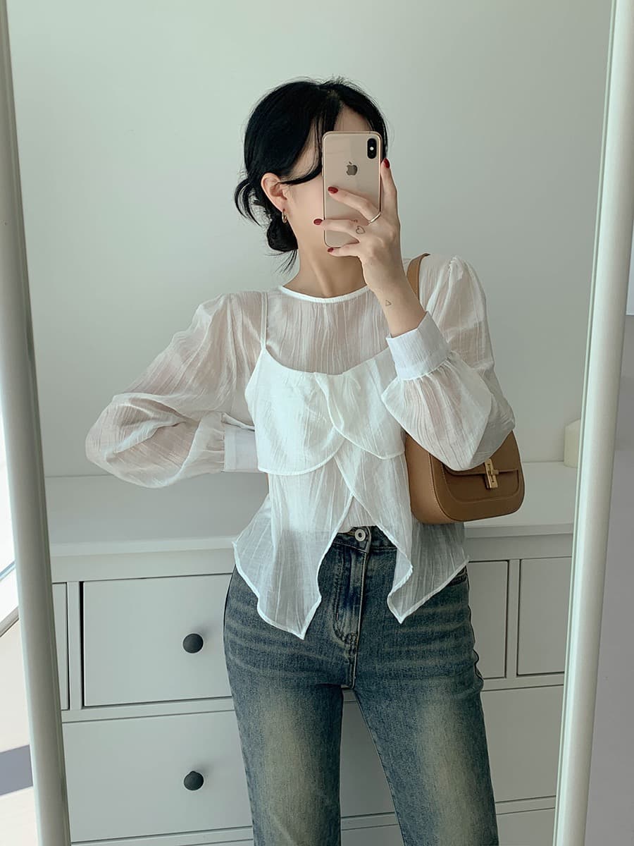 재고 있음 chic 가을 한 동대문 라운드 넥 긴팔 쉬폰 코디 꽃잎 측면 캐미솔 두 조각 여성 세트 상세 이미지 6