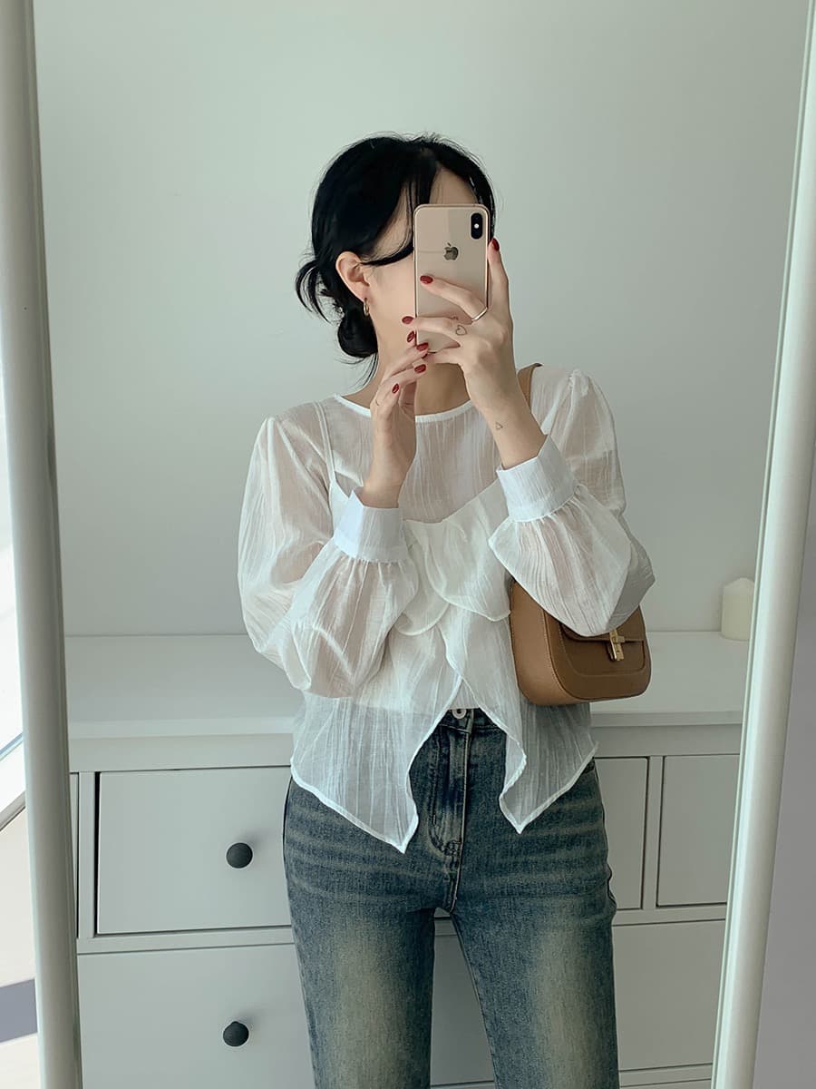 재고 있음 chic 가을 한 동대문 라운드 넥 긴팔 쉬폰 코디 꽃잎 측면 캐미솔 두 조각 여성 세트 상세 이미지 7