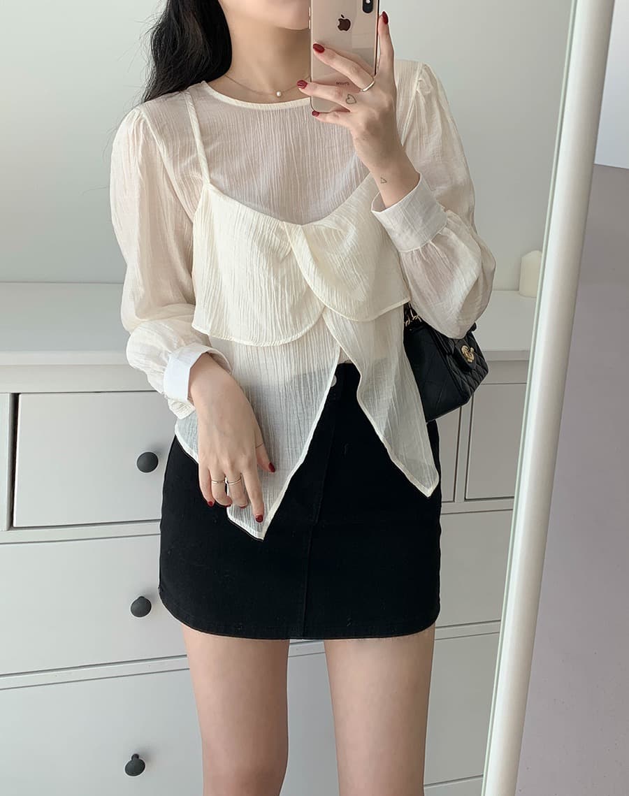 재고 있음 chic 가을 한 동대문 라운드 넥 긴팔 쉬폰 코디 꽃잎 측면 캐미솔 두 조각 여성 세트 상세 이미지 8