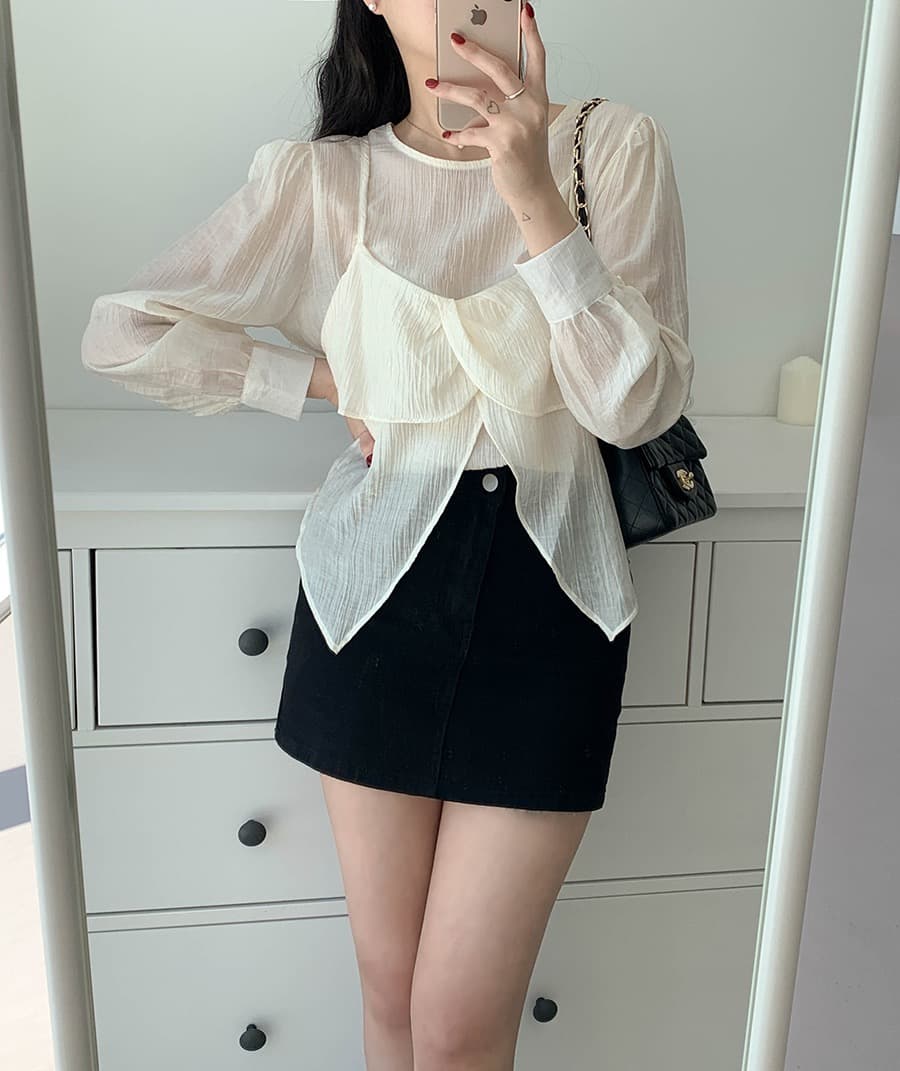 재고 있음 chic 가을 한 동대문 라운드 넥 긴팔 쉬폰 코디 꽃잎 측면 캐미솔 두 조각 여성 세트 상세 이미지 10