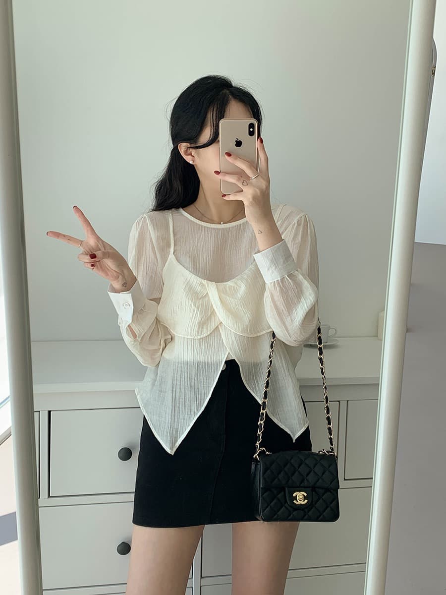 재고 있음 chic 가을 한 동대문 라운드 넥 긴팔 쉬폰 코디 꽃잎 측면 캐미솔 두 조각 여성 세트 상세 이미지 11