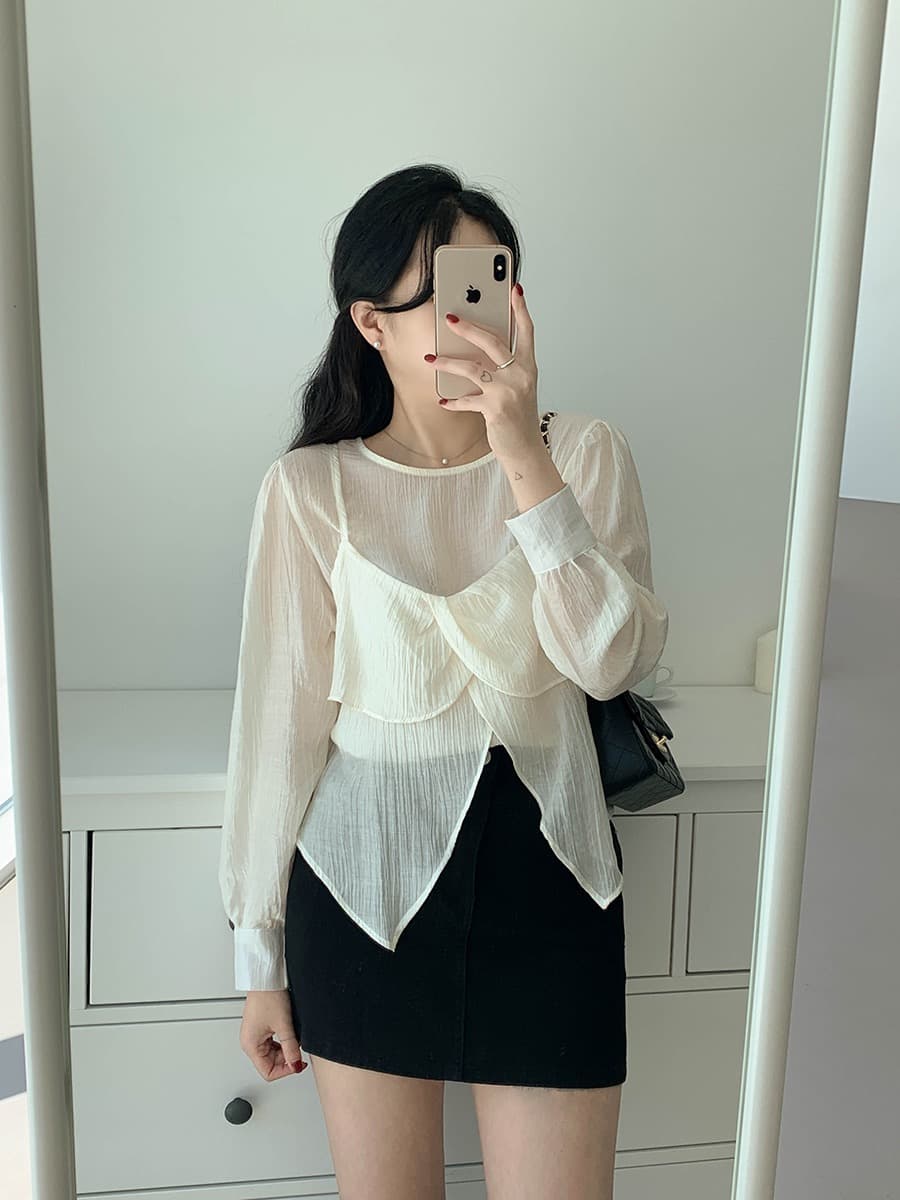 재고 있음 chic 가을 한 동대문 라운드 넥 긴팔 쉬폰 코디 꽃잎 측면 캐미솔 두 조각 여성 세트 상세 이미지 12