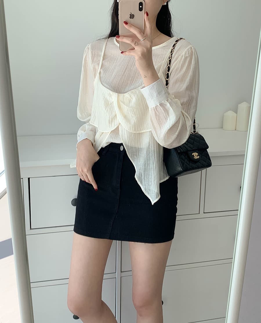 재고 있음 chic 가을 한 동대문 라운드 넥 긴팔 쉬폰 코디 꽃잎 측면 캐미솔 두 조각 여성 세트 상세 이미지 13