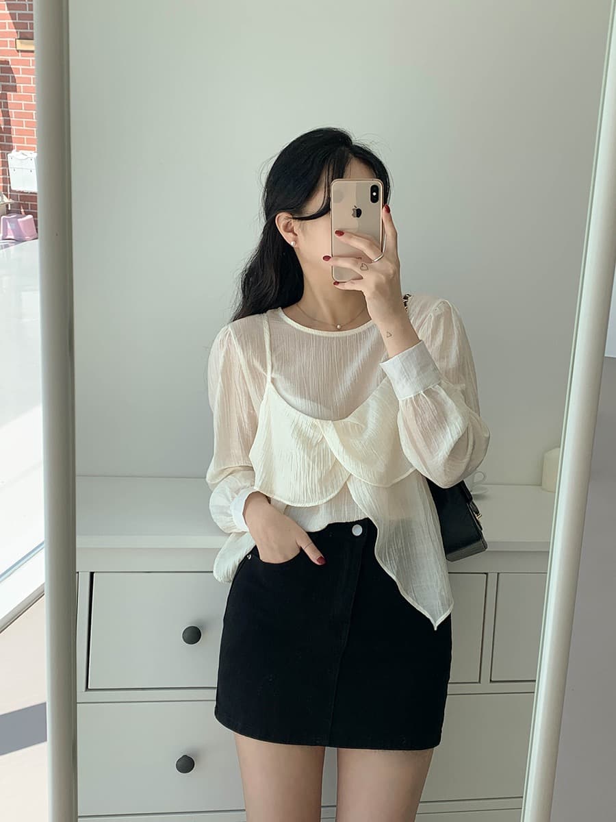 재고 있음 chic 가을 한 동대문 라운드 넥 긴팔 쉬폰 코디 꽃잎 측면 캐미솔 두 조각 여성 세트 상세 이미지 14