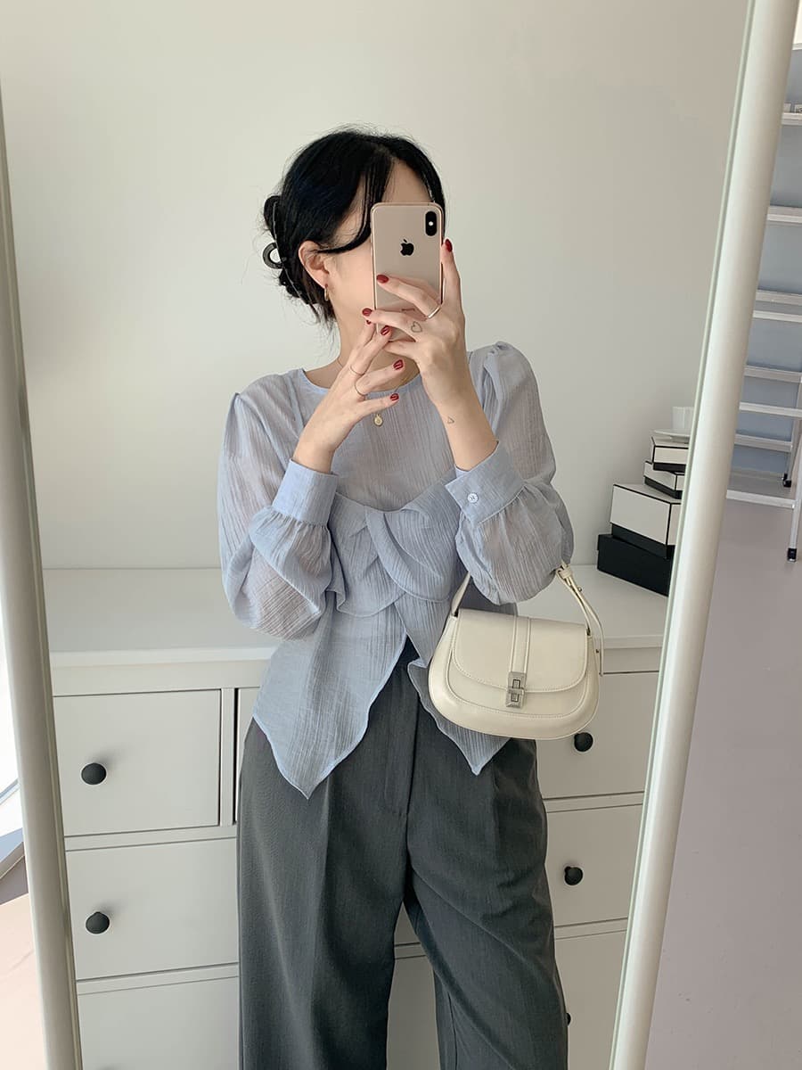 재고 있음 chic 가을 한 동대문 라운드 넥 긴팔 쉬폰 코디 꽃잎 측면 캐미솔 두 조각 여성 세트 상세 이미지 15
