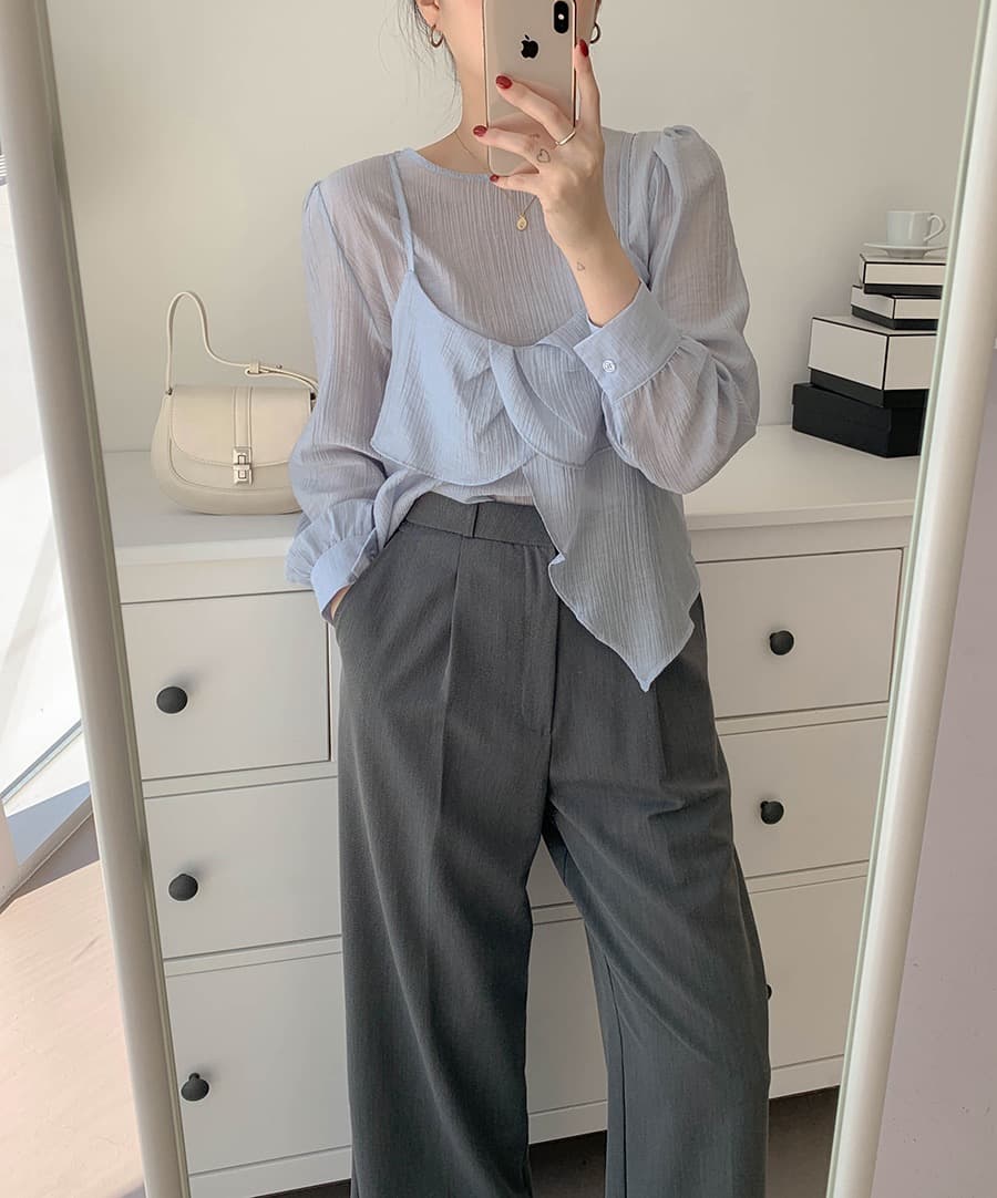 재고 있음 chic 가을 한 동대문 라운드 넥 긴팔 쉬폰 코디 꽃잎 측면 캐미솔 두 조각 여성 세트 상세 이미지 16